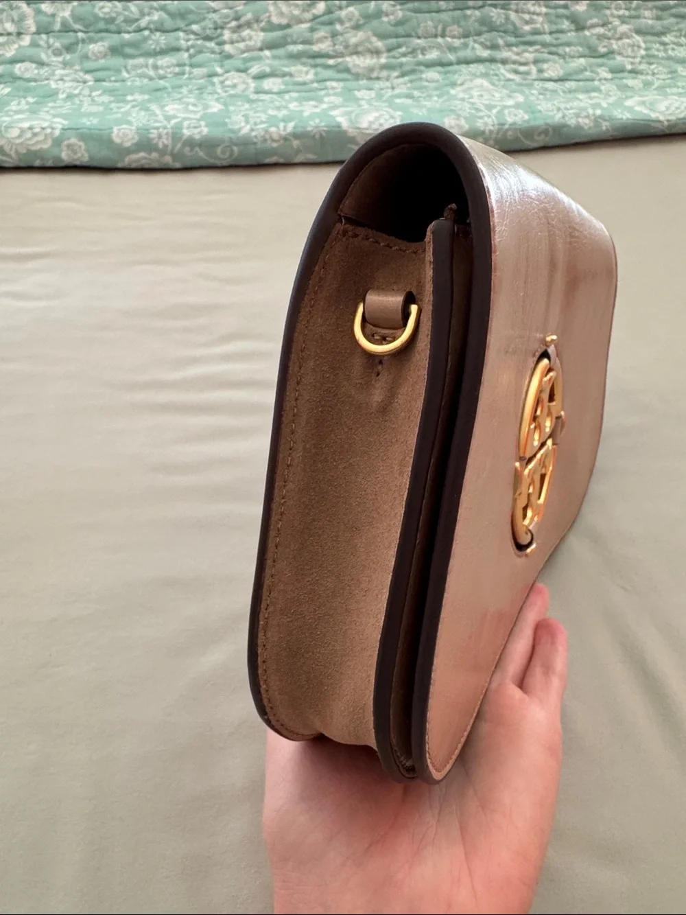 Tory Burch Taupe Miller Leather Bag with Gold Logo